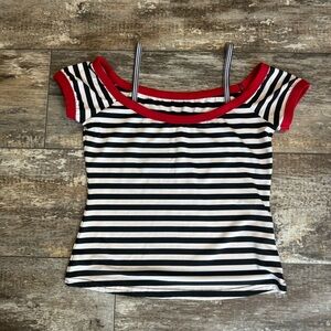 Striped Off-Shoulder Top with Red Trim - Women